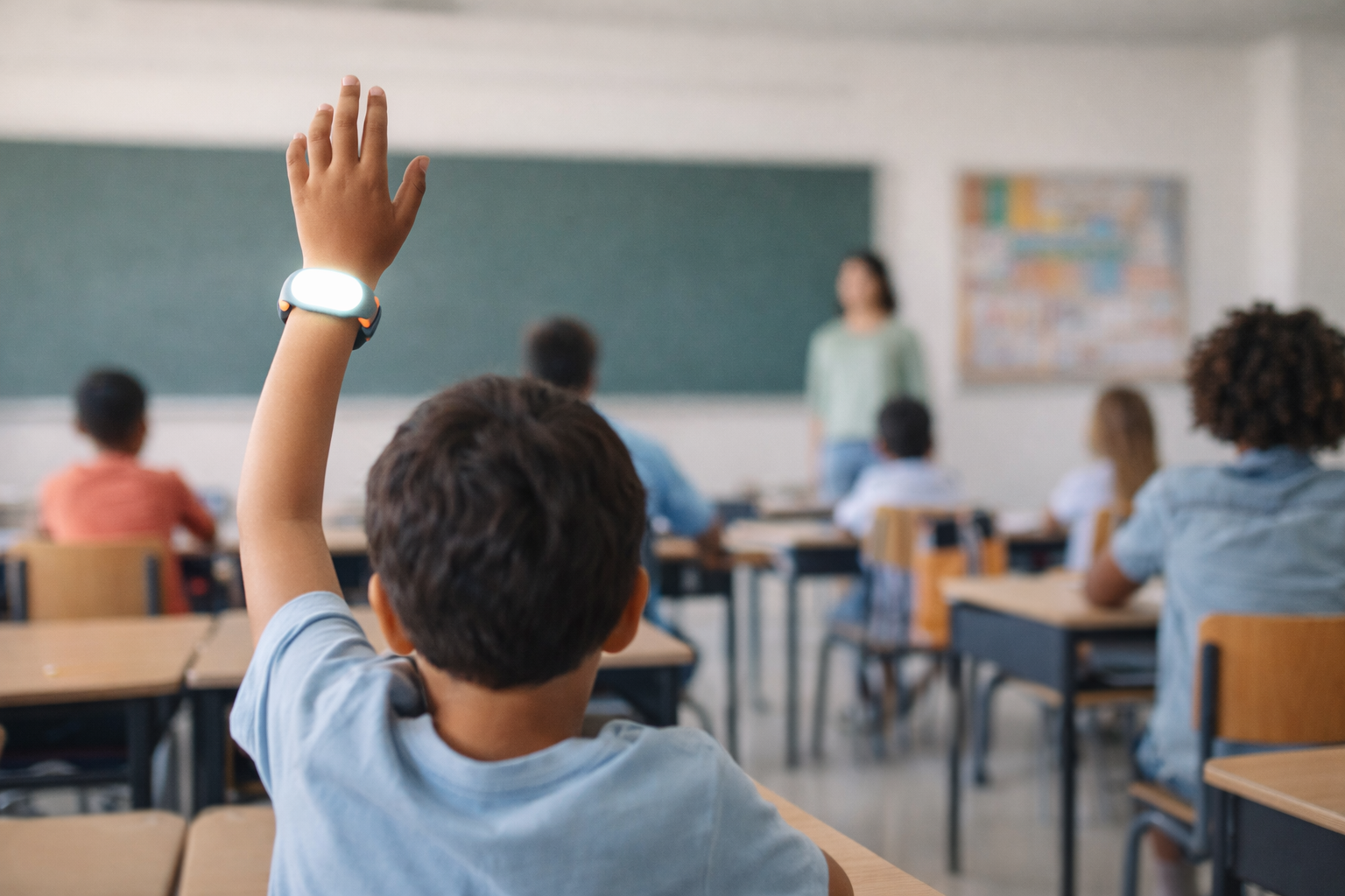Classroom setting with a student raising their hand wearing VeriGlow