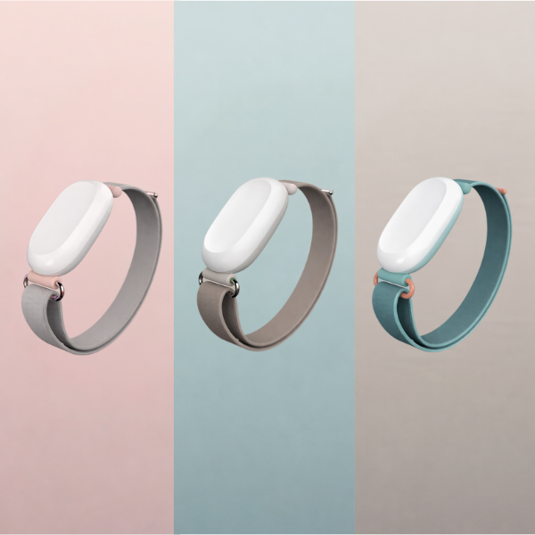 Three different colored mood indicating watches on a gradient background
