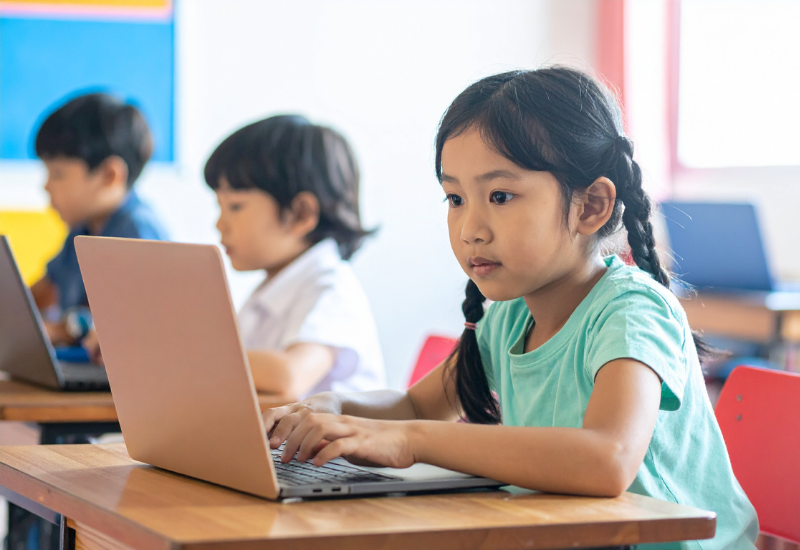 Young girl using a laptop in a classroom setting with other students.